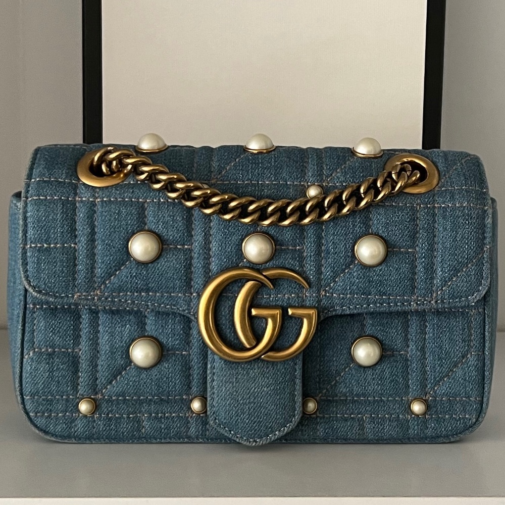 GUCCI Denim Matelasse Pearl Studded Mini GG Marmont Shoulder Bag